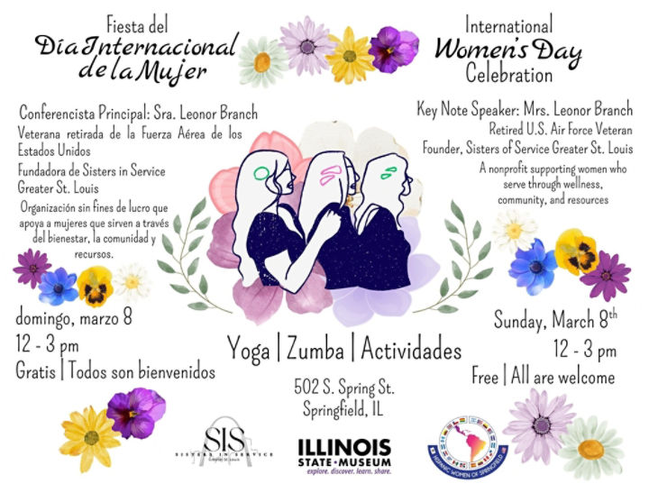 Three women in profile surrounded by purple and yellow flowers